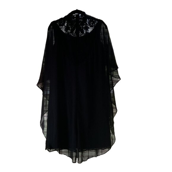 NWT Vintage-Style Black Lace Overlay Dress Sheer Cape High Neck Floral Embroider - Picture 3 of 16